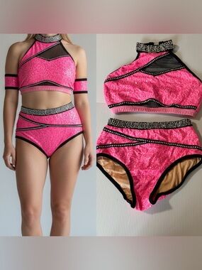 Glamour solo dance costume hot pink 2 piece bling MA-Medium adult